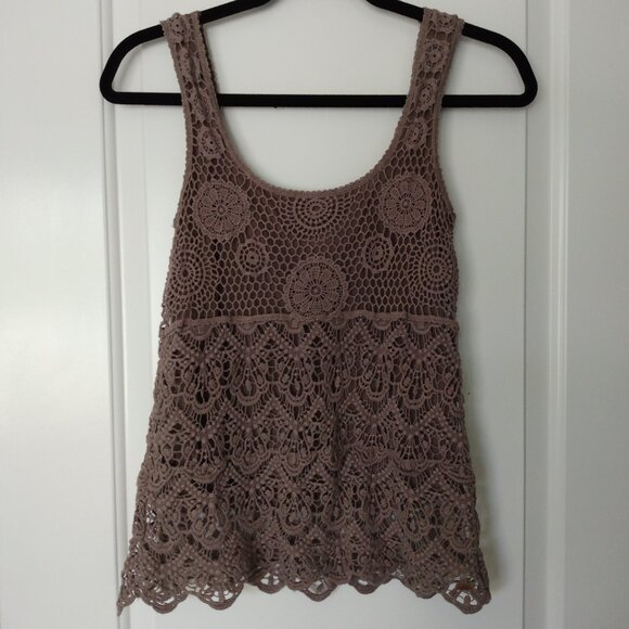 Temperance Tops - Vintage Temperance Women's Lace Crochet Lined Taupe Tank Top Size S